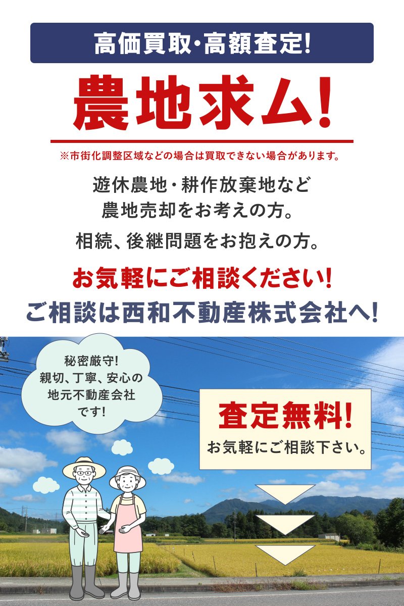 高価買取・高額査定!　農地求ム!　※市街化調整区域などの場合は買取できない場合があります。遊休農地・耕作放棄地など農地売却をお考えの方。相続、後継問題をお抱えの方。お気軽にご相談ください!ご相談は西和不動産株式会社へ!秘密厳守!親切、丁寧、安心の地元不動産会社です!査定無料!お気軽にご相談下さい。