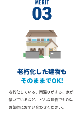 老朽化した建物もそのままでOK!老朽化している、雨漏りがする、家が傾いているなど、どんな建物でもOK。お気軽にお問い合わせください。